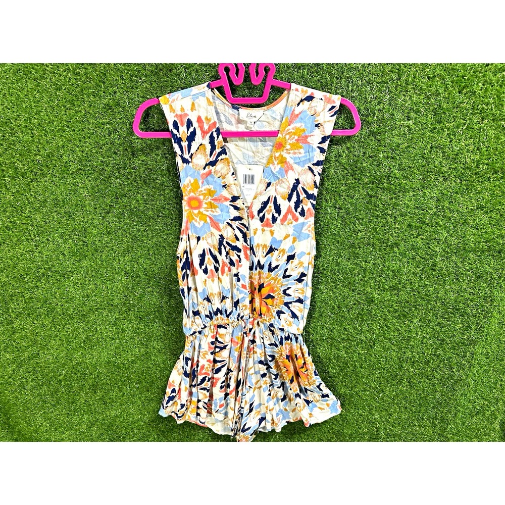 Elan Wm Abstract Multicolor V-Neck Sleeveless Romper, Sz M *FLAW ON TOP BUTTON*